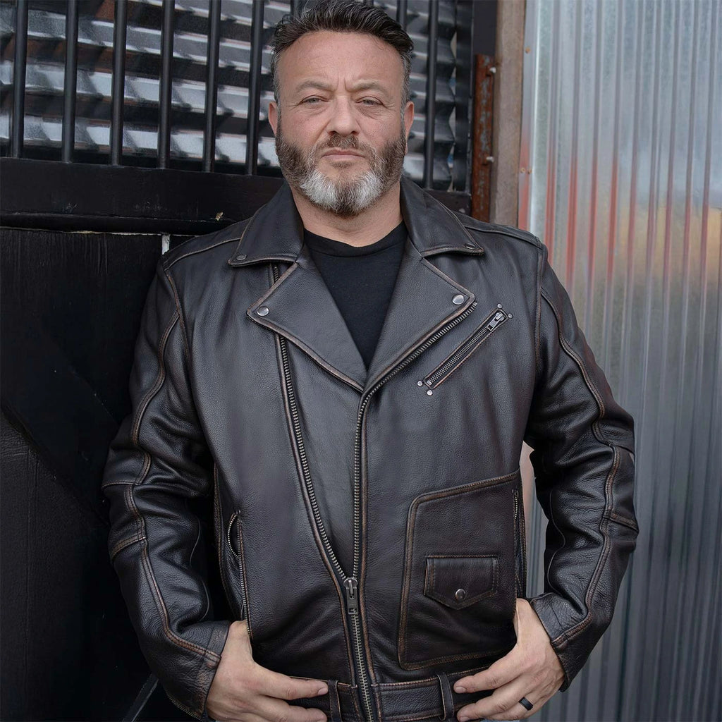 Men's Lapel Collar Leather Motorcycle Jacket - Brown