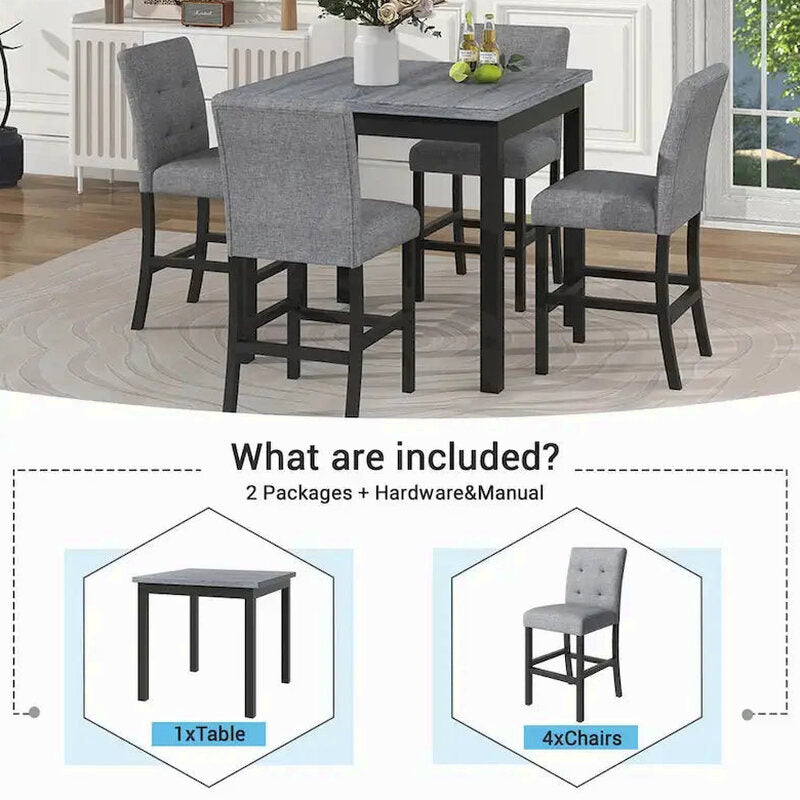 5-Piece Counter-Height Dining Set With Solid Wood Table And 4 Padded High-Back Chairs