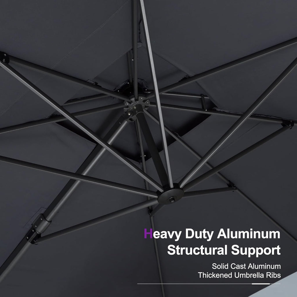 PURPLE LEAF Cantilever Patio Umbrella, 10FT Square, Grey - 360 Degree Rotation