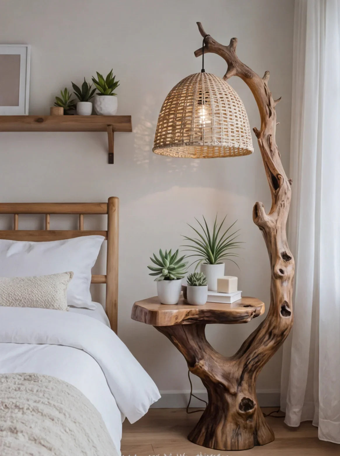 Rustic Driftwood Floor Lamp With Side Table