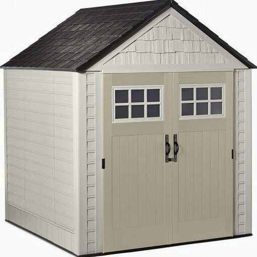 Rubbermaid Resin Outdoor Garden Storage Shed With Windows And Utility Hooks, Sand - 7x7 Ft