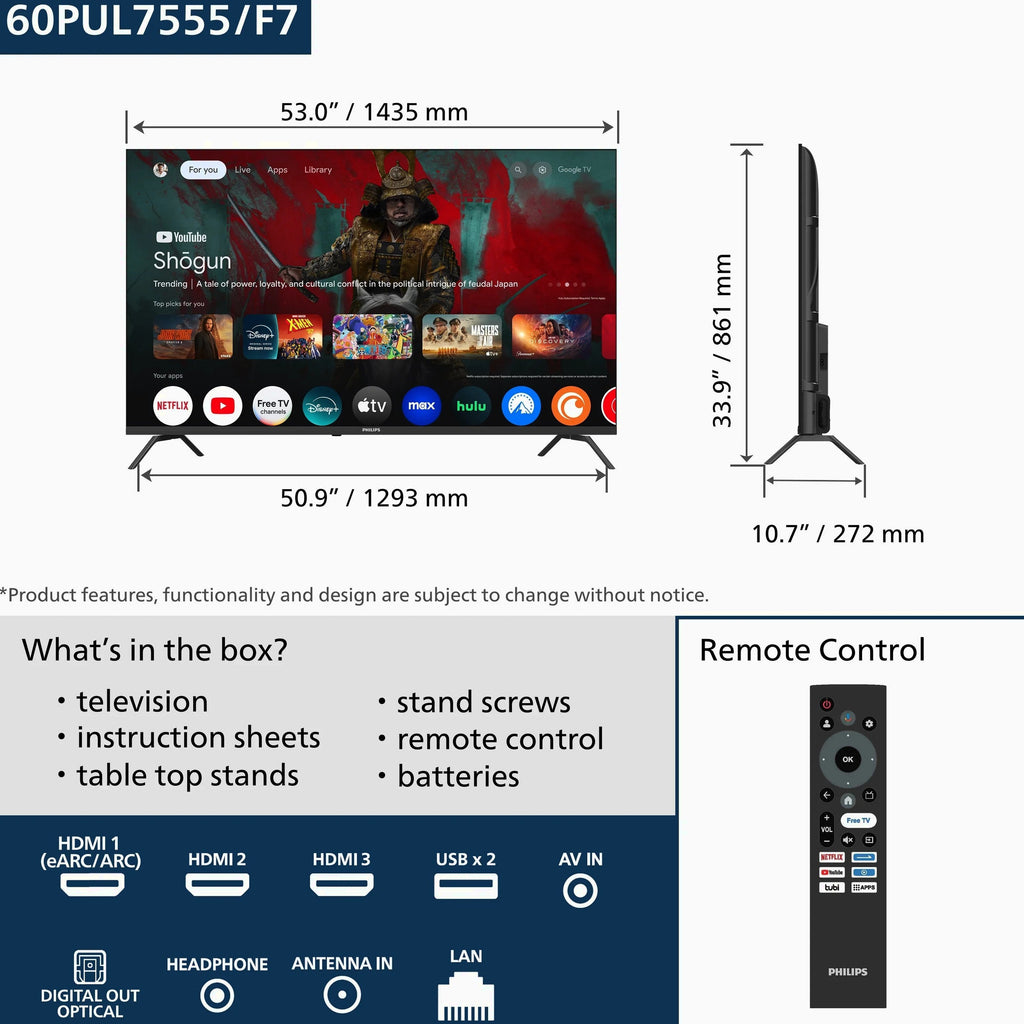 Philips 60 Class 4K Ultra HD Google Smart LED TV - 60PUL7555/F7