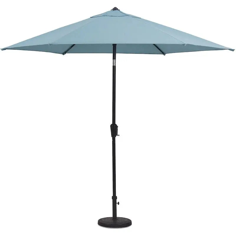 Hanover Lavallette 5-Piece Patio Dining Set With Ocean Blue Chairs, 52-Inch Round Glass Table, 9-Ft Umbrella And Base