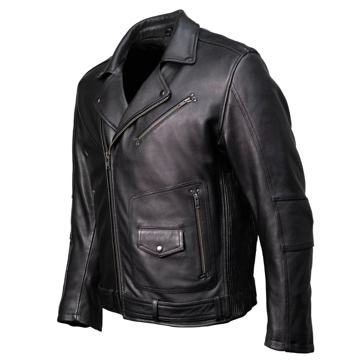 Men's Lapel Collar Leather Motorcycle Jacket - Black