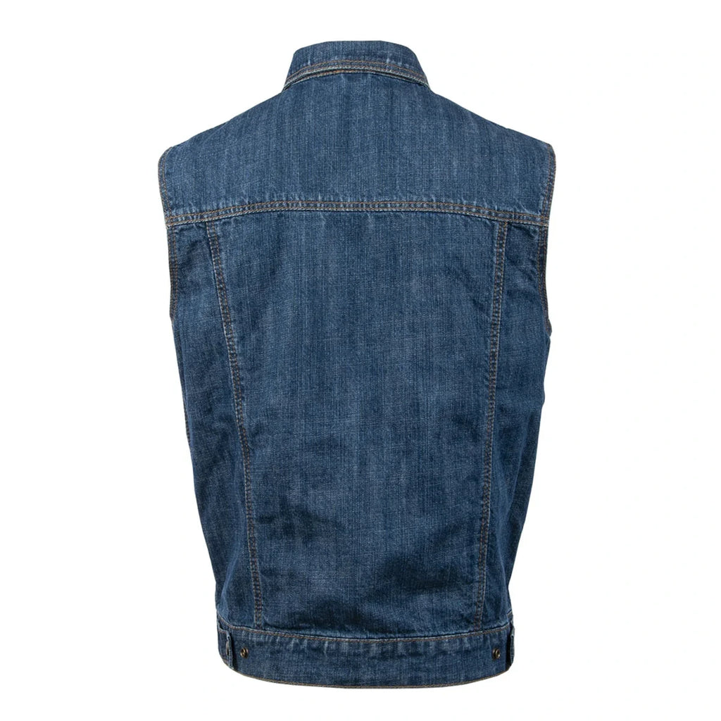 Men's Stone-Washed Denim Motorcycle Vest - Blue