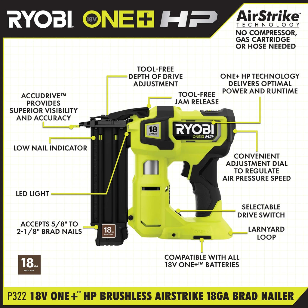 18V Brushless 18-Gauge Cordless Brad Nailer