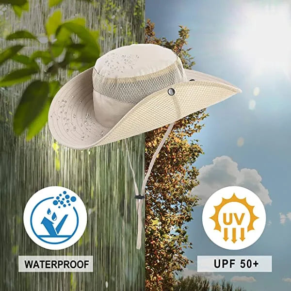 Mens Womens Sun Hat Wide Brim Breathable Mesh Upf 50+ Waterproof Fishing Hat Safari Hat Foldable Boonie Cap A-Khaki