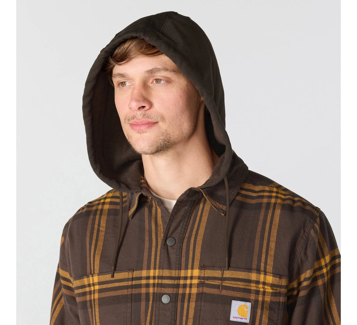 Men's Hooded Fleece-Lined Plaid Shirt Jacket - Brown