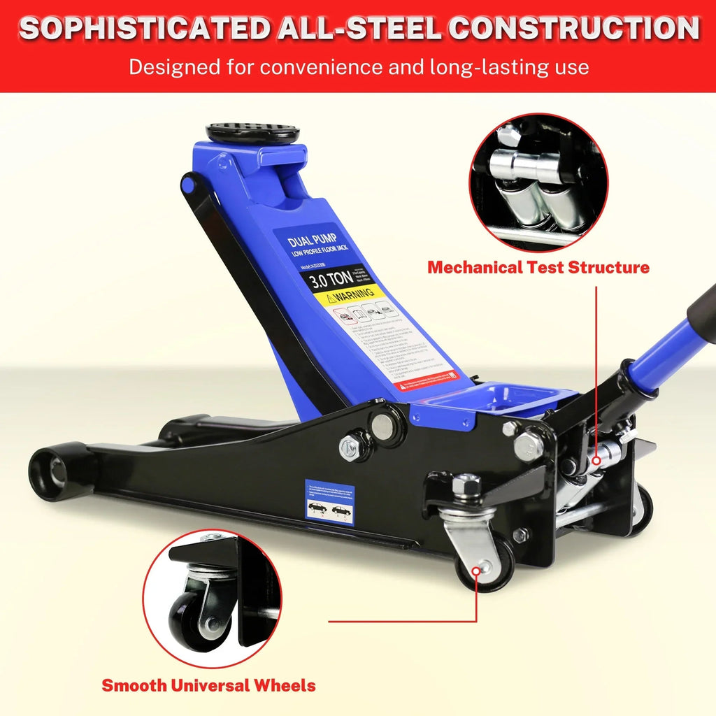 Seizeen Low Profile Floor Jack, 3 Ton (6600 lbs), 3.3 in-19.7 in Lift Range, 52 in Extended Handle
