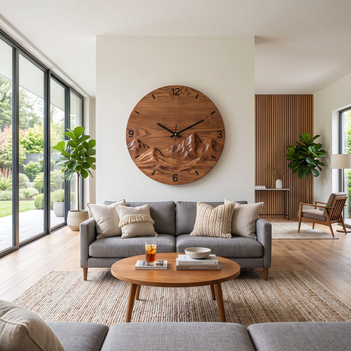 Artisanal Hand-Carved Solid Wood Mountain Wall Clock & Round 3D Landscape Relief Wall Art