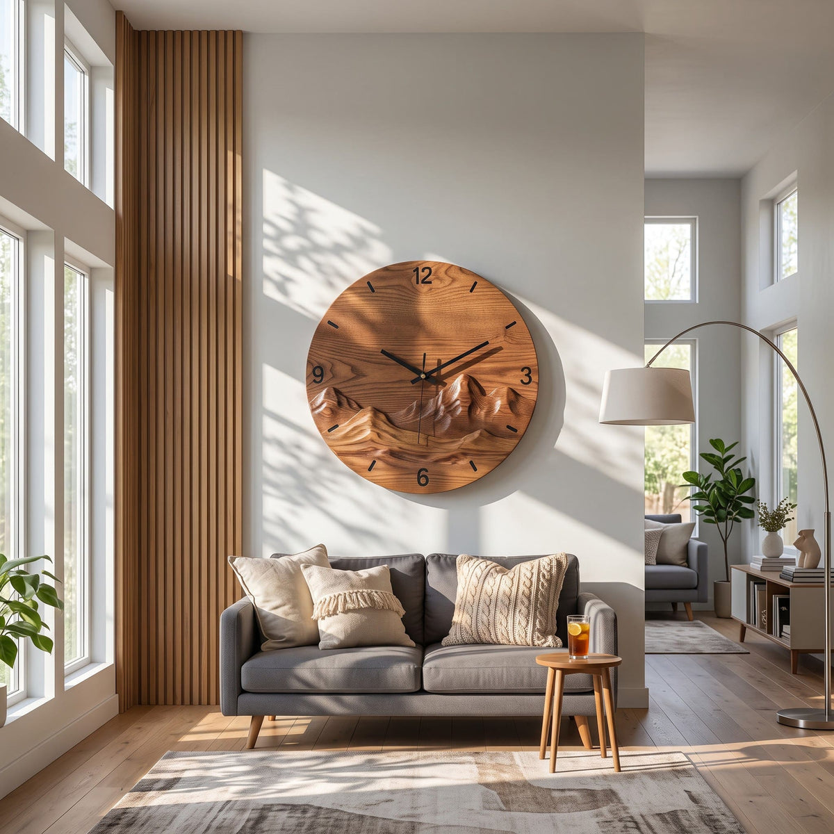 Artisanal Hand-Carved Solid Wood Mountain Wall Clock & Round 3D Landscape Relief Wall Art