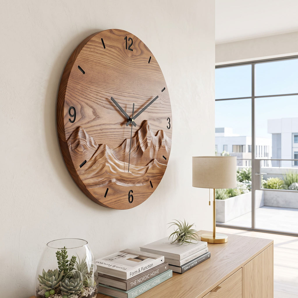 Artisanal Hand-Carved Solid Wood Mountain Wall Clock & Round 3D Landscape Relief Wall Art