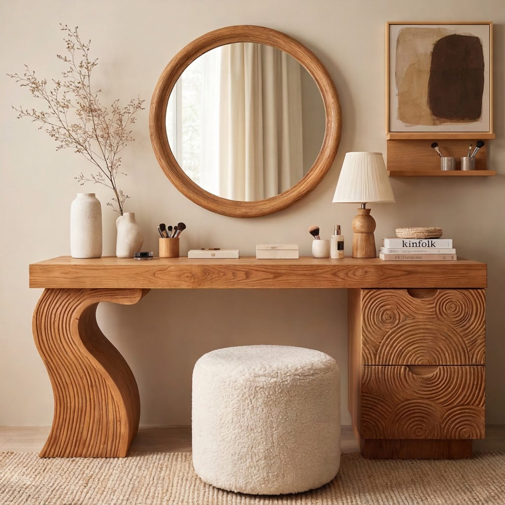 Solid Wood Vanity Desk With Carved Fluted Drawers
