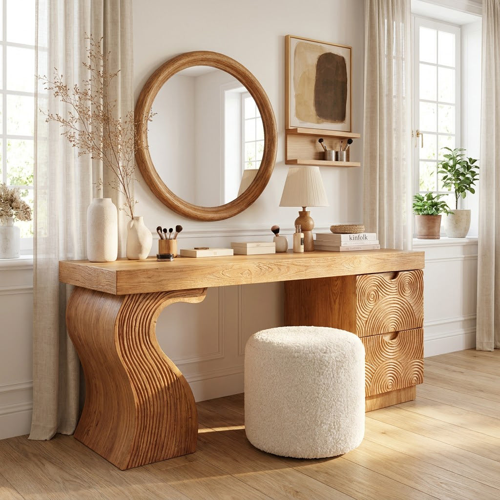 Solid Wood Vanity Desk With Carved Fluted Drawers