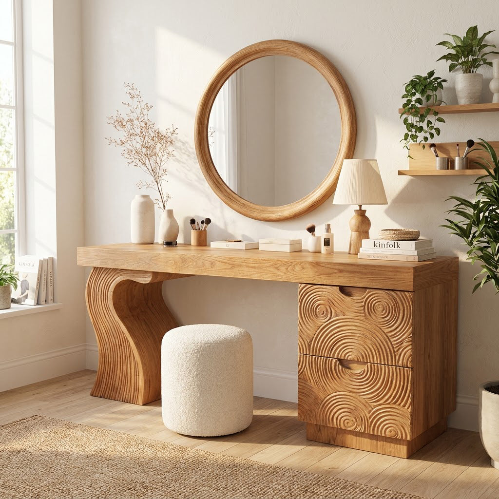 Solid Wood Vanity Desk With Carved Fluted Drawers