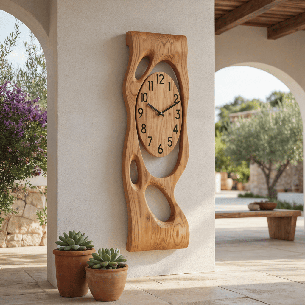 Solid Wood Wall Clock With Oval Dial & Biomorphic Cutouts