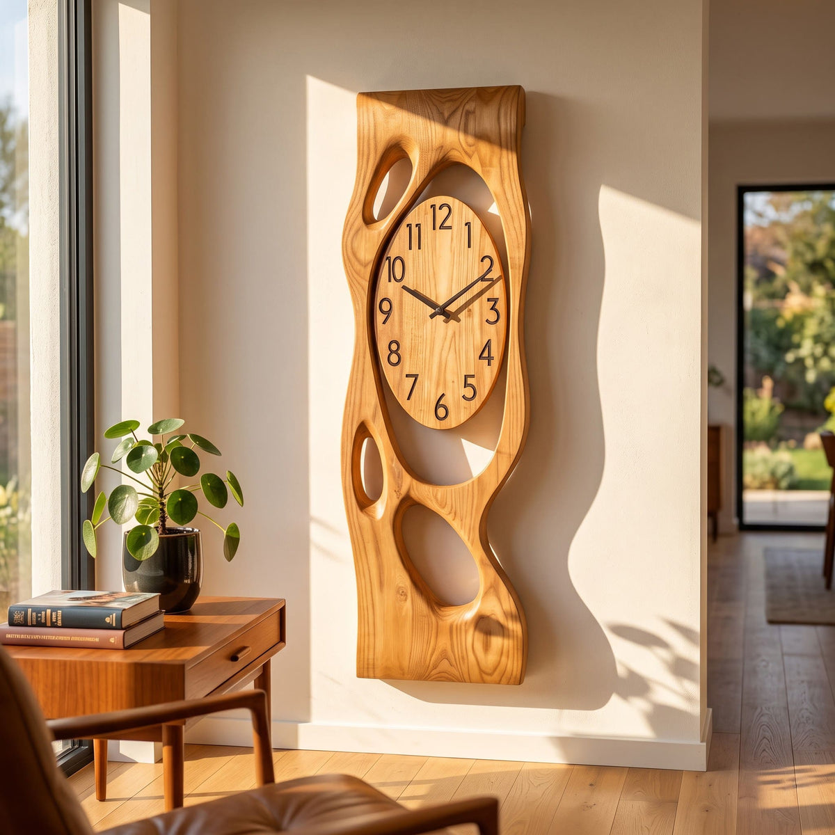 Solid Wood Wall Clock With Oval Dial & Biomorphic Cutouts