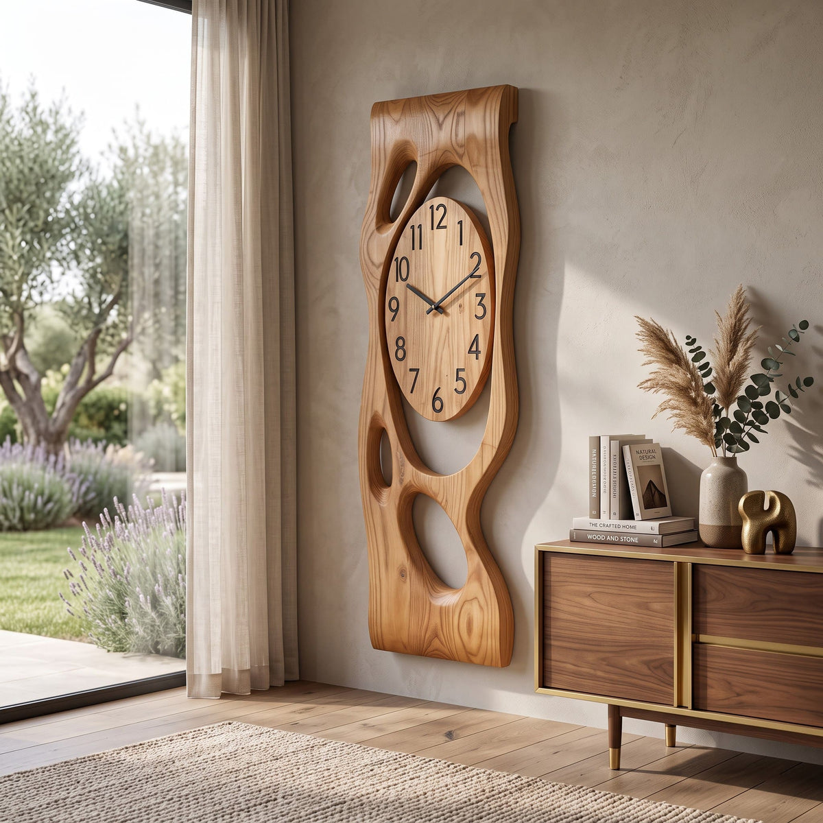 Solid Wood Wall Clock With Oval Dial & Biomorphic Cutouts