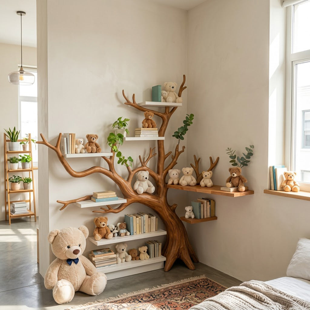 Artisanal Solid Wood Corner Tree Bookshelf & Whimsical Multi-Tier Nursery Wall Bookcase