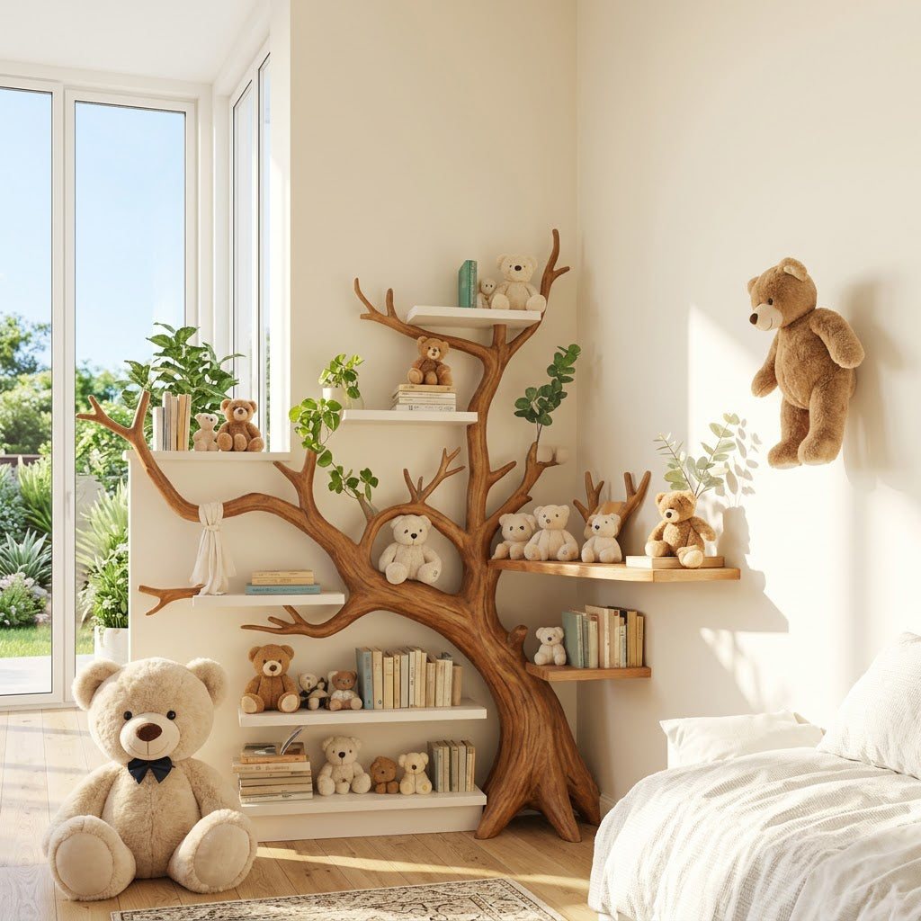 Artisanal Solid Wood Corner Tree Bookshelf & Whimsical Multi-Tier Nursery Wall Bookcase
