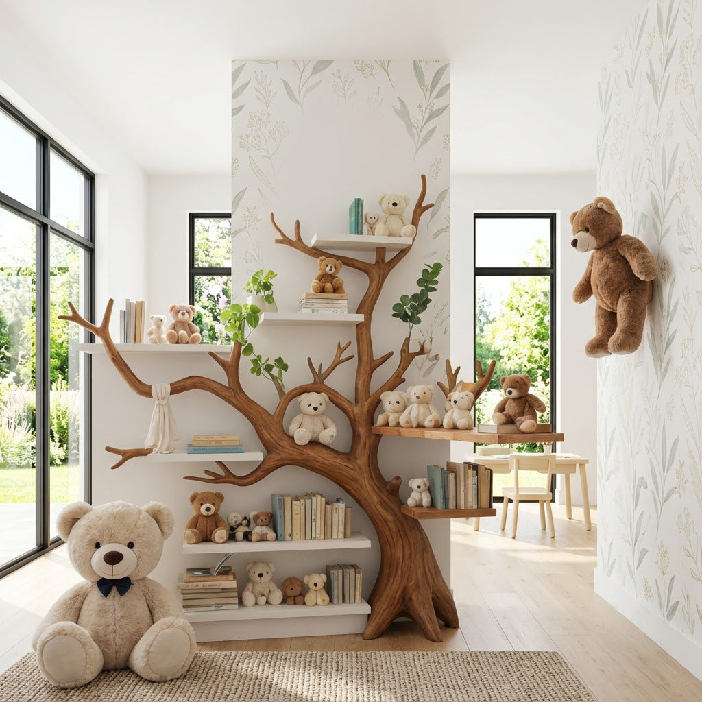 Artisanal Solid Wood Corner Tree Bookshelf & Whimsical Multi-Tier Nursery Wall Bookcase