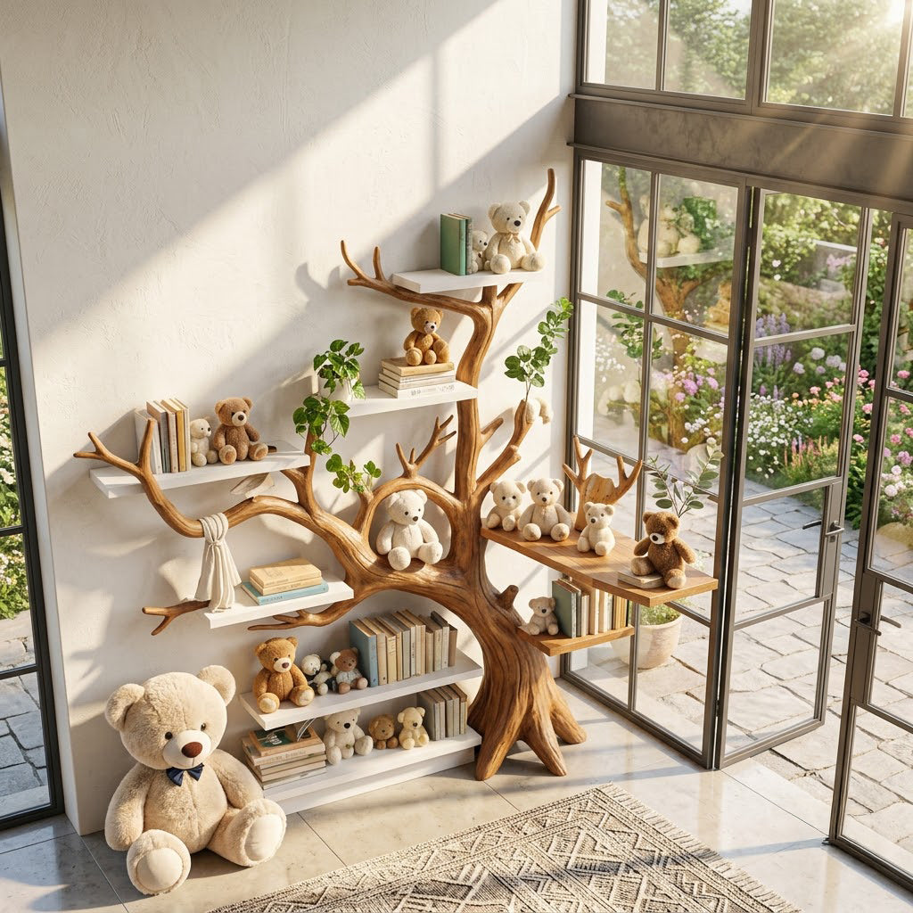 Artisanal Solid Wood Corner Tree Bookshelf & Whimsical Multi-Tier Nursery Wall Bookcase