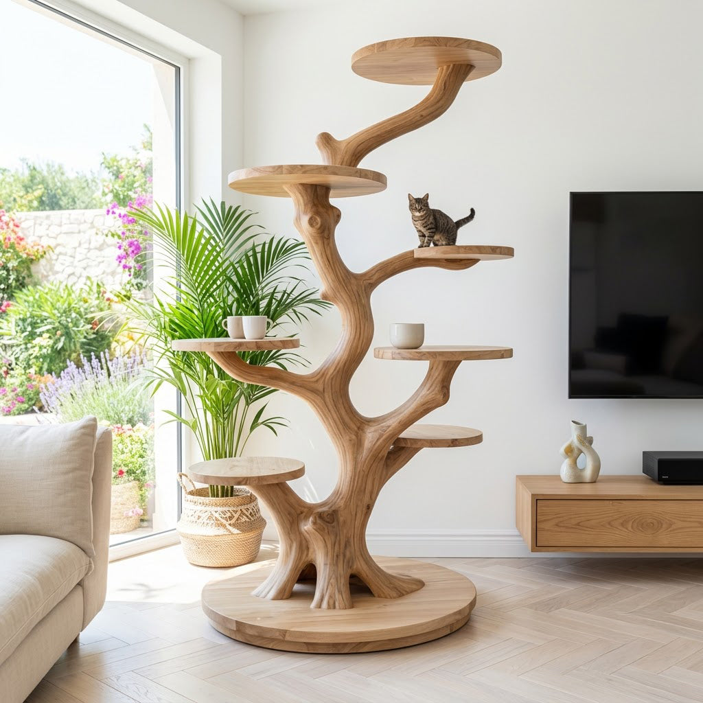 Artisanal Solid Wood Sculptural Tree Cat Tower & Multi-Tier Botanical Display Perch Stand