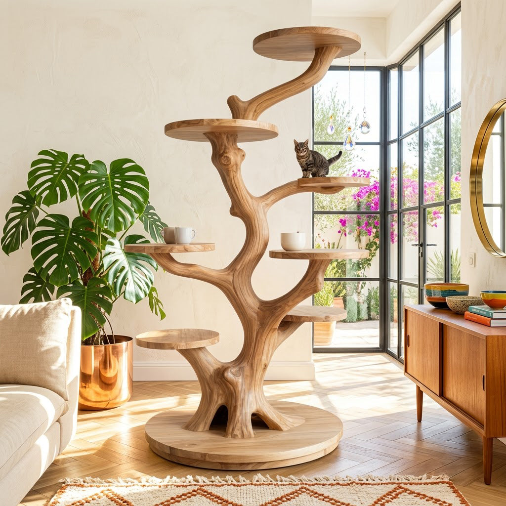 Artisanal Solid Wood Sculptural Tree Cat Tower & Multi-Tier Botanical Display Perch Stand