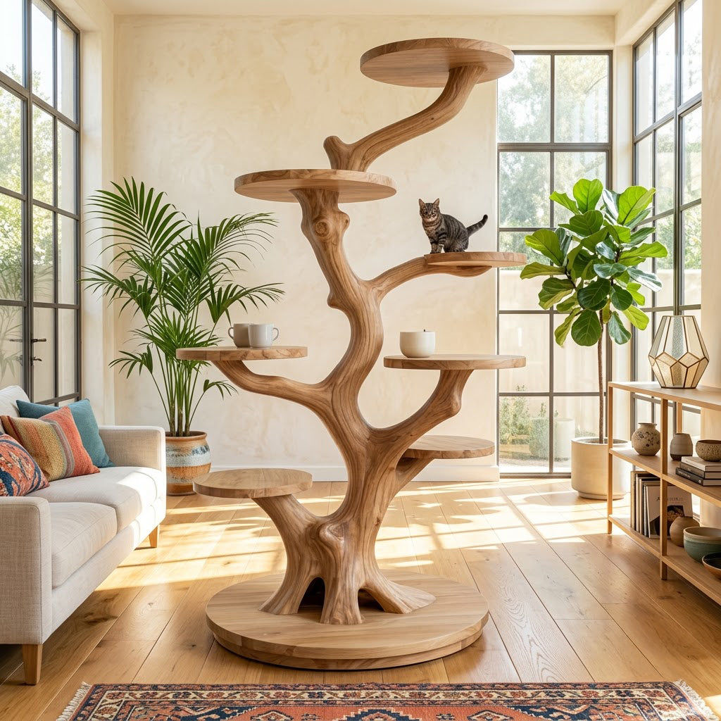 Artisanal Solid Wood Sculptural Tree Cat Tower & Multi-Tier Botanical Display Perch Stand