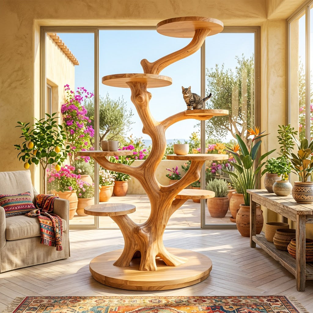 Artisanal Solid Wood Sculptural Tree Cat Tower & Multi-Tier Botanical Display Perch Stand