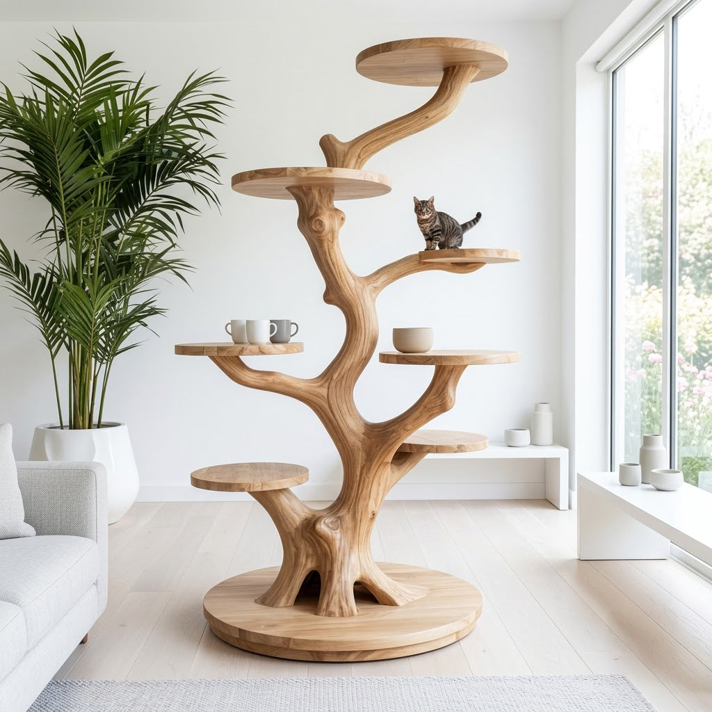 Artisanal Solid Wood Sculptural Tree Cat Tower & Multi-Tier Botanical Display Perch Stand