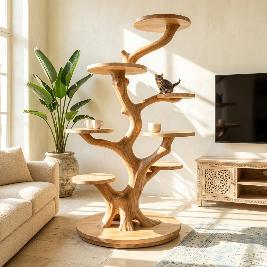 Artisanal Solid Wood Sculptural Tree Cat Tower & Multi-Tier Botanical Display Perch Stand