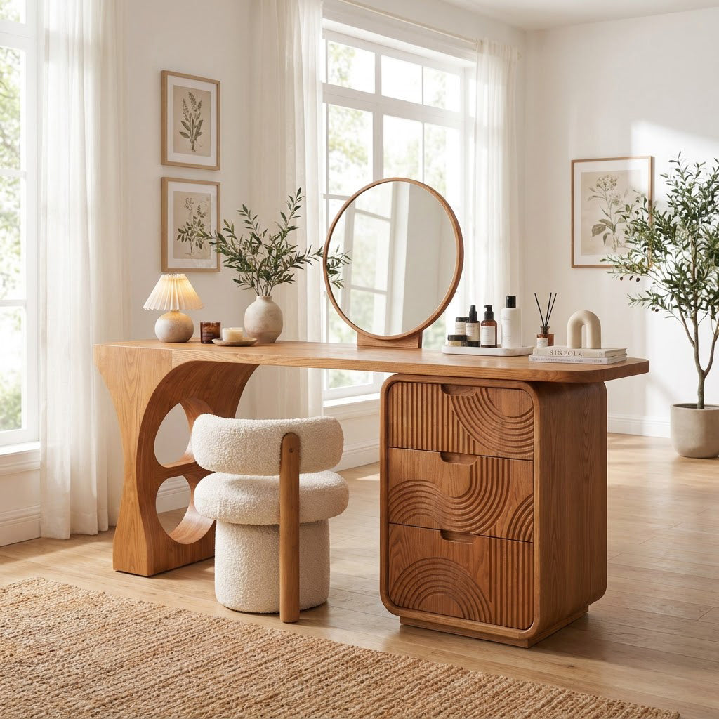 Solid Wood Vanity Desk With 3 Wavy-Carved Drawers & Arch Leg Base