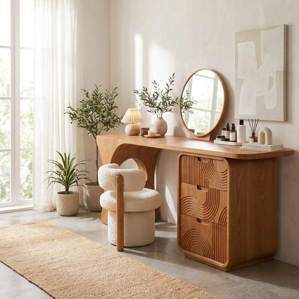 Solid Wood Vanity Desk With 3 Wavy-Carved Drawers & Arch Leg Base