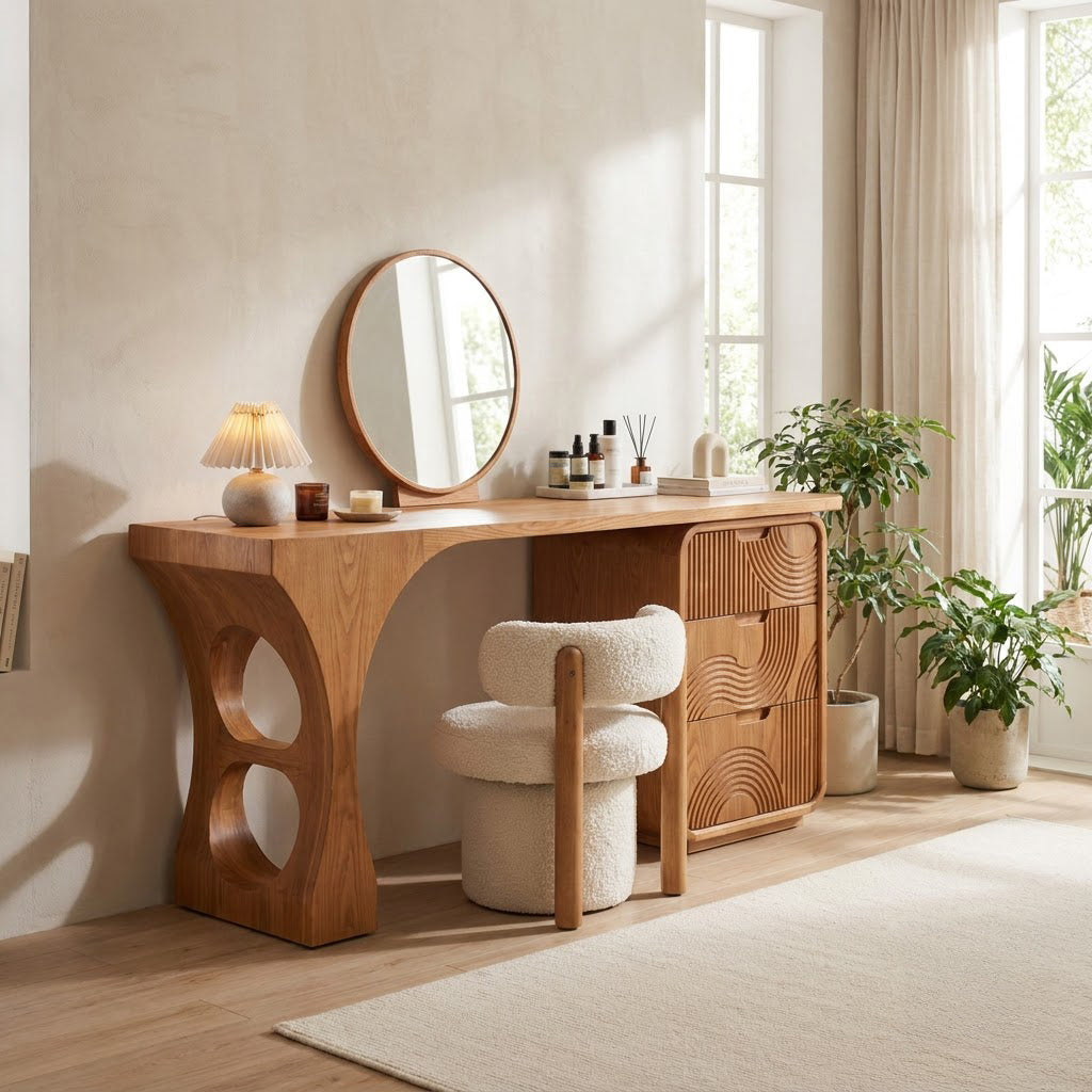 Solid Wood Vanity Desk With 3 Wavy-Carved Drawers & Arch Leg Base