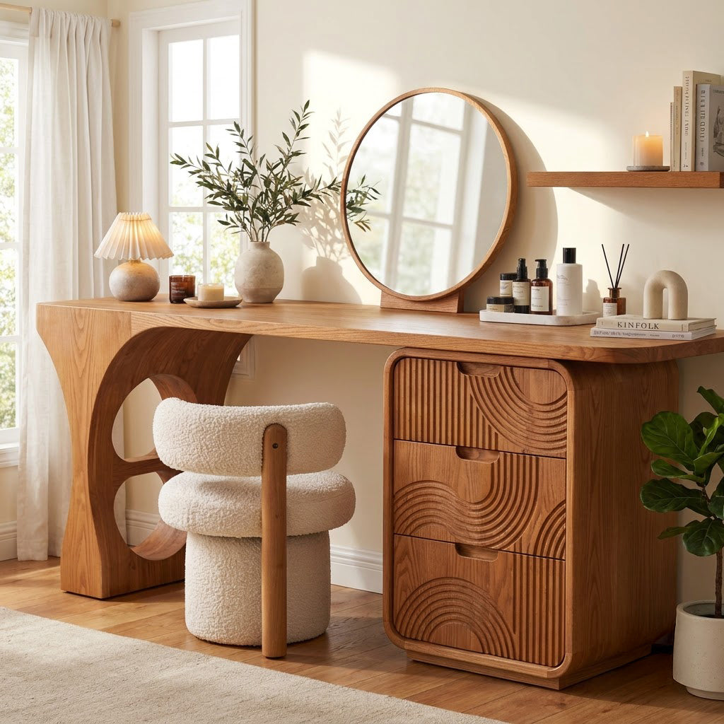 Solid Wood Vanity Desk With 3 Wavy-Carved Drawers & Arch Leg Base