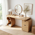 Solid Wood Vanity Desk With Open-Loop Shelf Leg & 2 Rounded Drawers