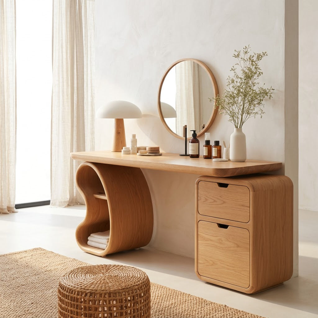Solid Wood Vanity Desk With Open-Loop Shelf Leg & 2 Rounded Drawers