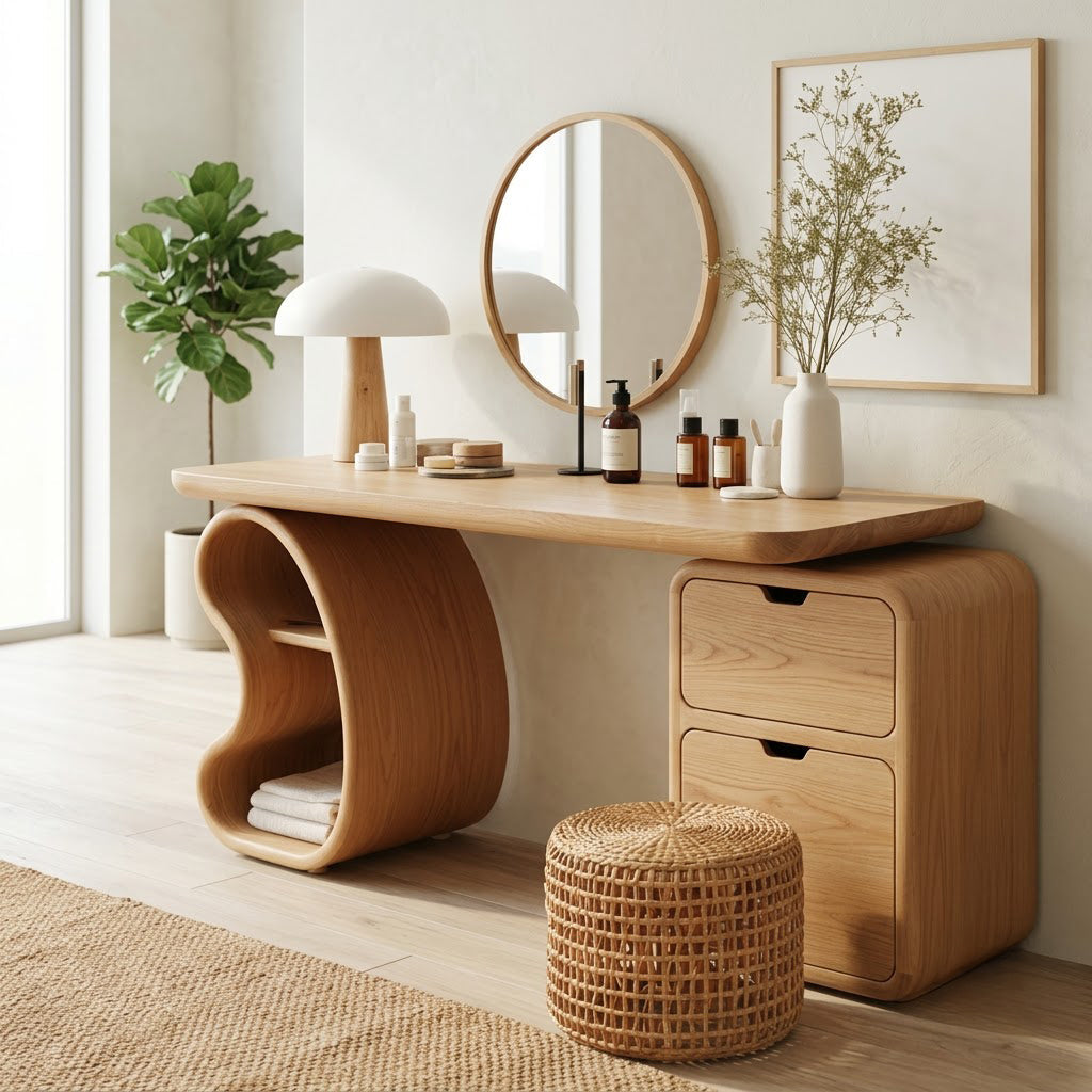Solid Wood Vanity Desk With Open-Loop Shelf Leg & 2 Rounded Drawers