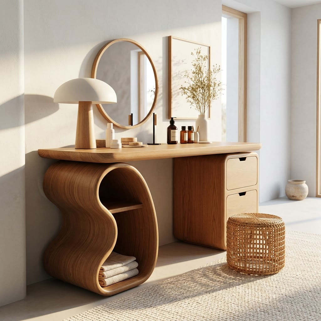 Solid Wood Vanity Desk With Open-Loop Shelf Leg & 2 Rounded Drawers