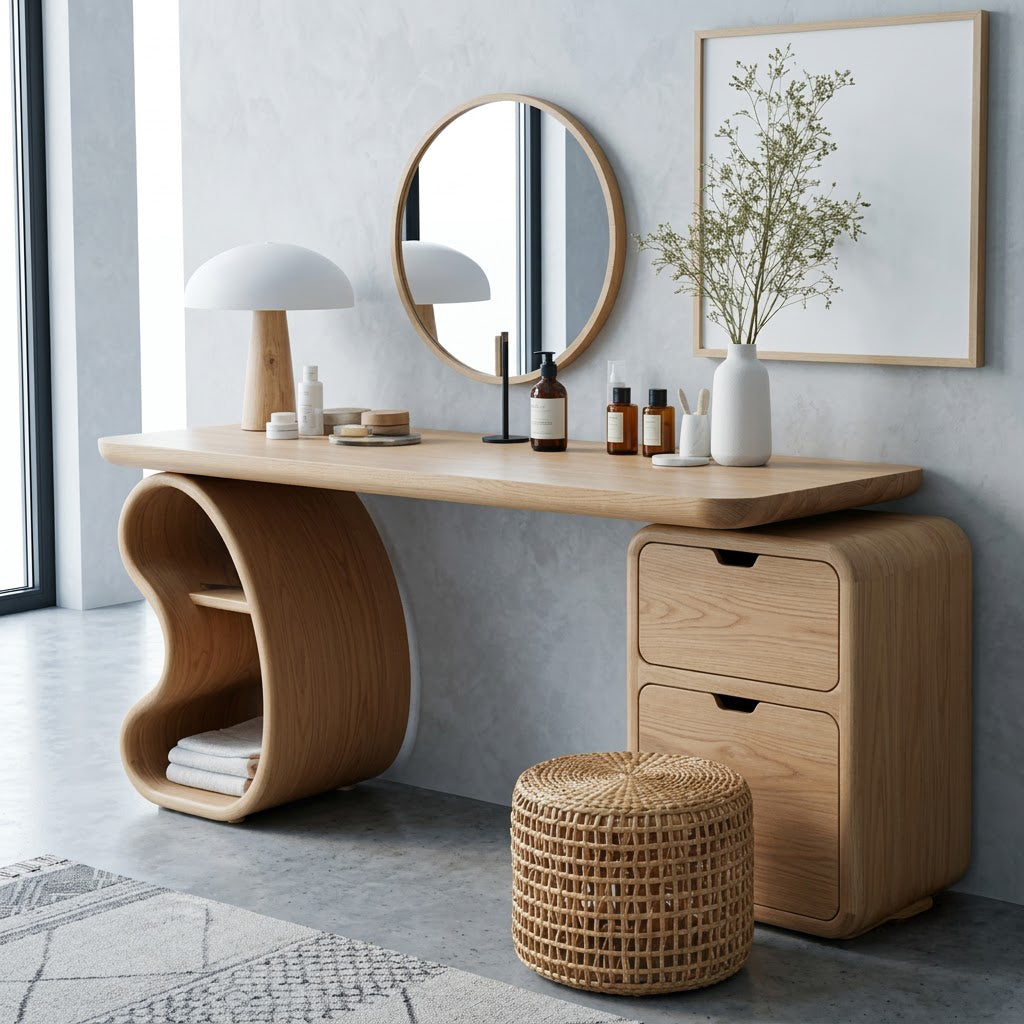 Solid Wood Vanity Desk With Open-Loop Shelf Leg & 2 Rounded Drawers