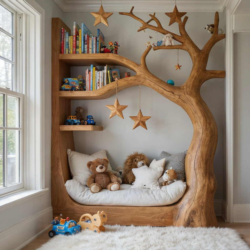Artisanal Solid Wood Tree Daybed & Integrated Storybook Reading Nook Bookshelf For Nursery & Kids' Room
