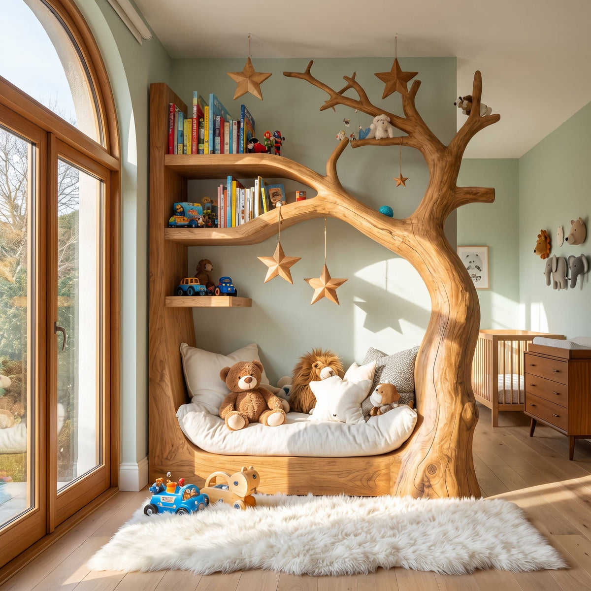 Artisanal Solid Wood Tree Daybed & Integrated Storybook Reading Nook Bookshelf For Nursery & Kids' Room