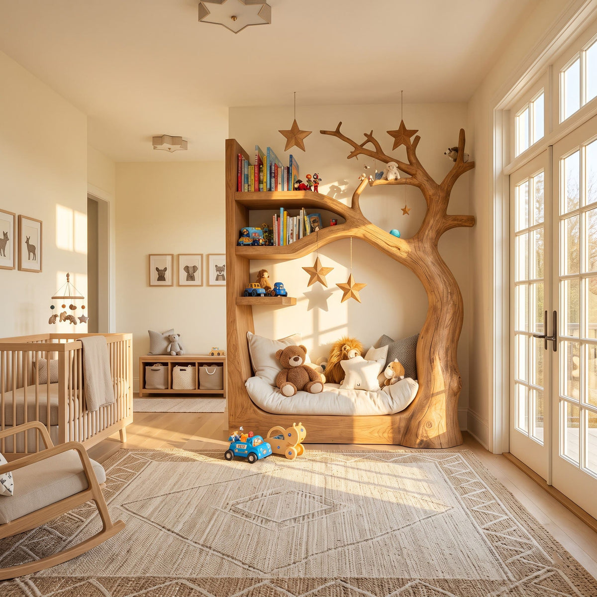 Artisanal Solid Wood Tree Daybed & Integrated Storybook Reading Nook Bookshelf For Nursery & Kids' Room