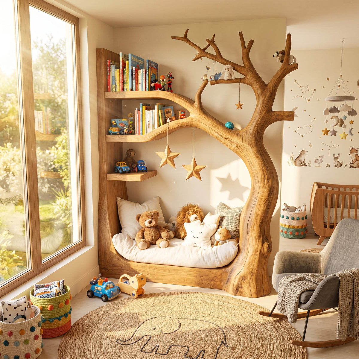 Artisanal Solid Wood Tree Daybed & Integrated Storybook Reading Nook Bookshelf For Nursery & Kids' Room
