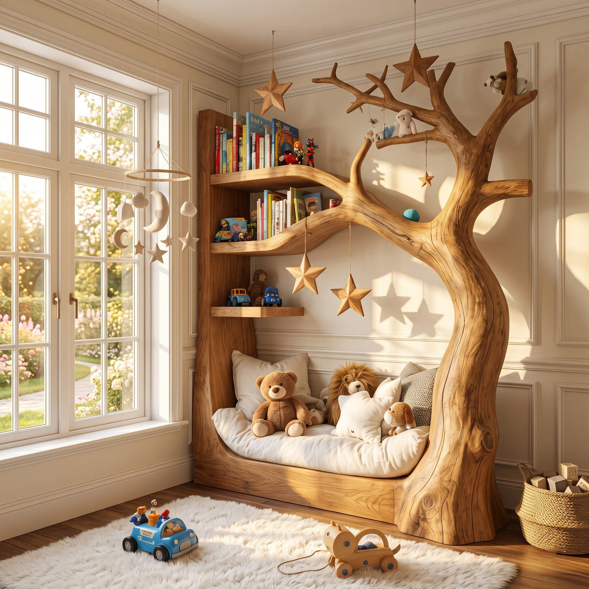 Artisanal Solid Wood Tree Daybed & Integrated Storybook Reading Nook Bookshelf For Nursery & Kids' Room