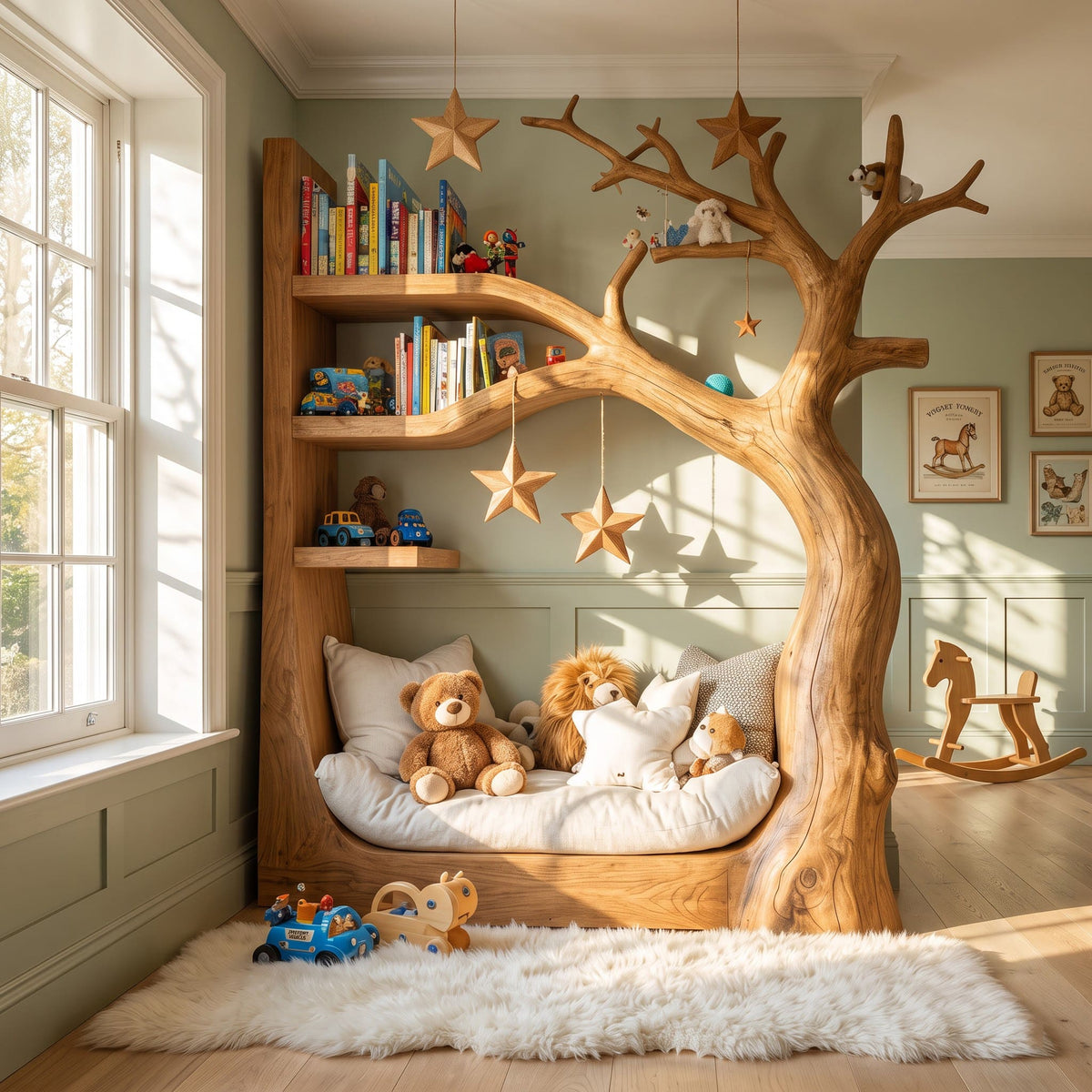 Artisanal Solid Wood Tree Daybed & Integrated Storybook Reading Nook Bookshelf For Nursery & Kids' Room