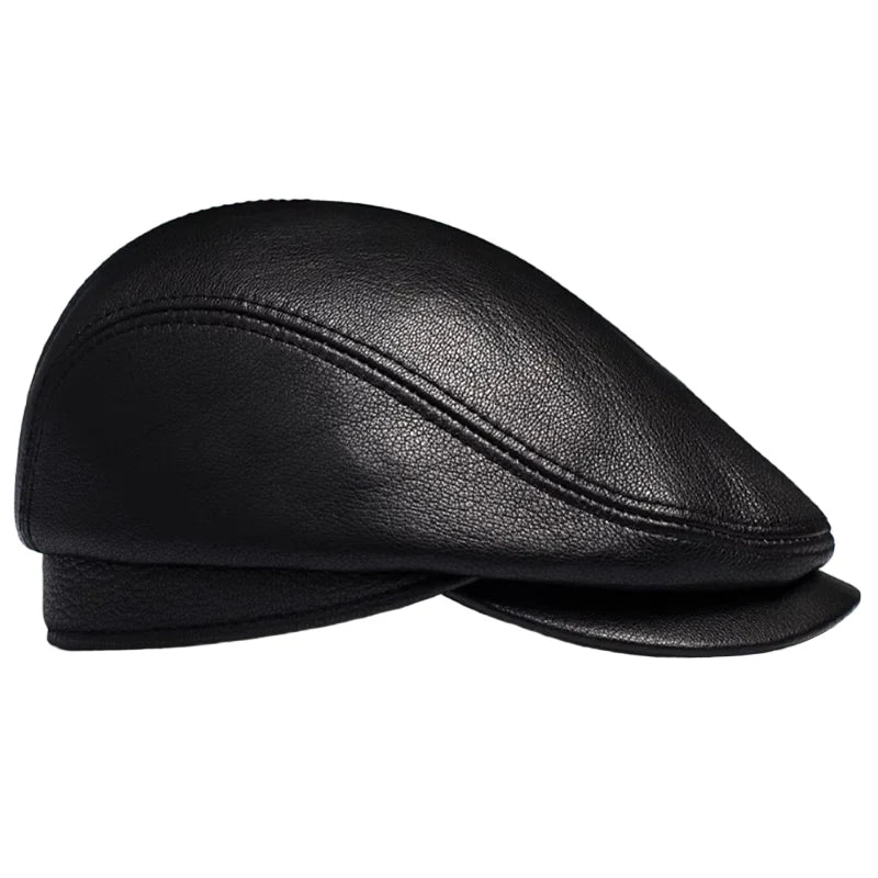 Atlanta Black Genuine Leather Earflaps Flat Cap