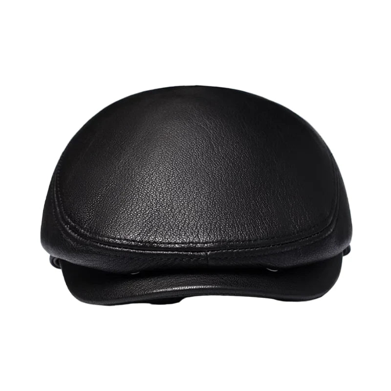 Atlanta Black Genuine Leather Earflaps Flat Cap