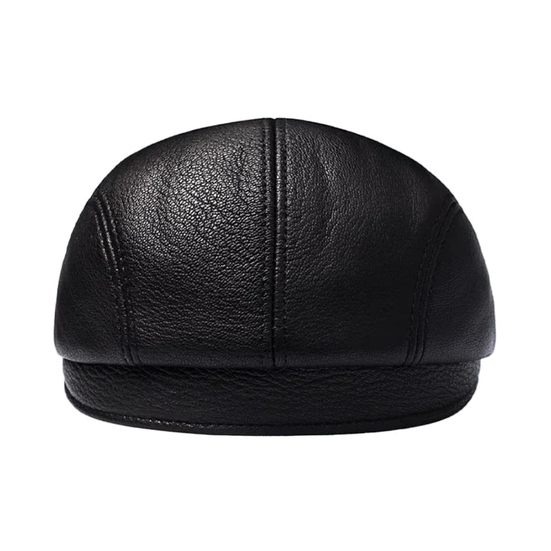 Atlanta Black Genuine Leather Earflaps Flat Cap